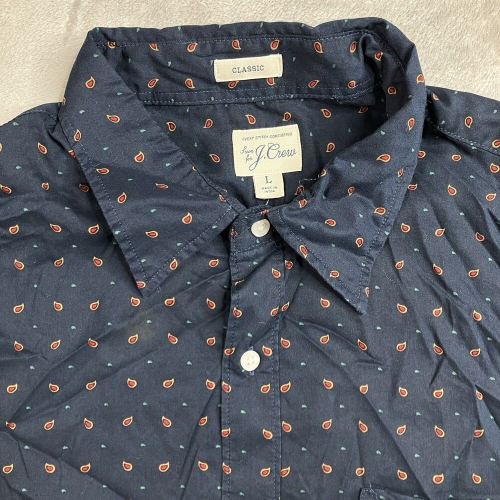 J Crew Shirt Mens L Tencel Lyocell Short Sleeve Navy Paisley Print Button Up